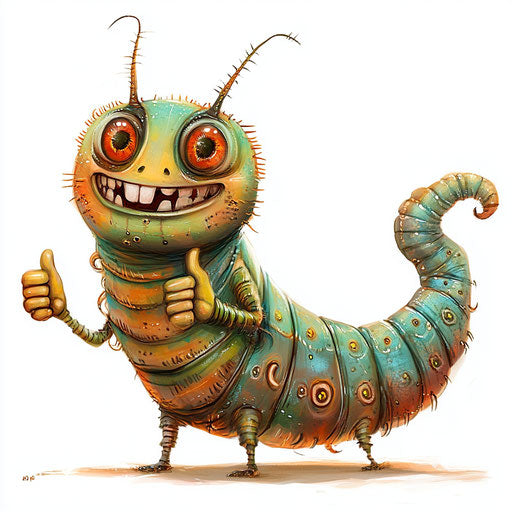 Humorous caricature of a caterpillar with human characteristics