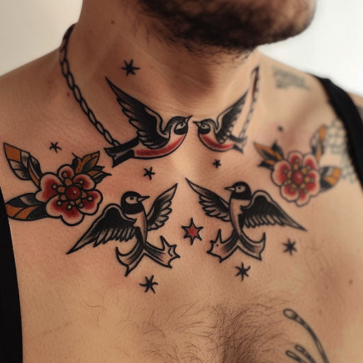 Traditional collarbone tattoo with anchors and swallows
