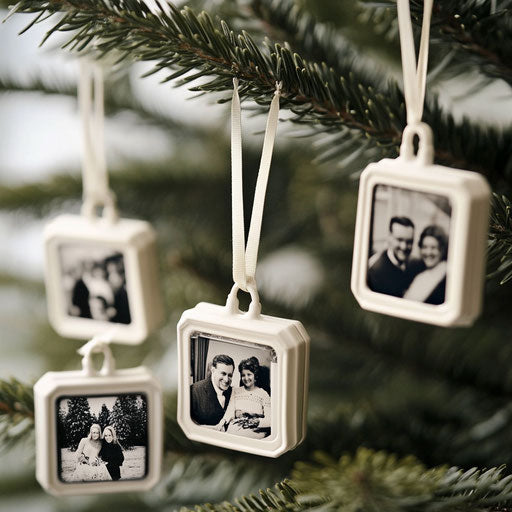 Festive photo frame ornaments with Black and White family photos