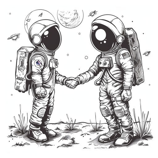 A playful scene of an astronaut and a friendly alien shaking hands