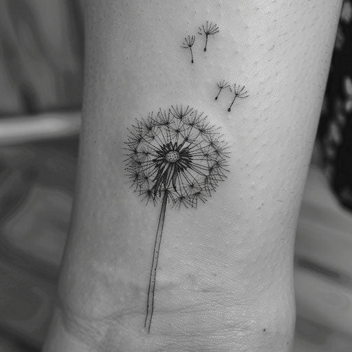 Dandelion tattoo in minimalist sketch style on white canvas