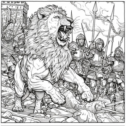 Lion with warriors in a medieval battle in the style of a Mark Schultz coloring book page