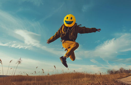Person jumping high with yellow smiley face mask during competition #vfxfriday