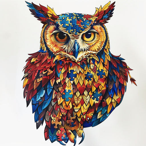 Stylized tattoo of an owl, feathers detailed with autism puzzle pieces, wisdom on pristine white background