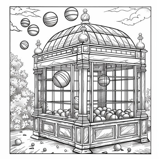 Whimsical bingo cage in motion, ready to be called. Coloring book page