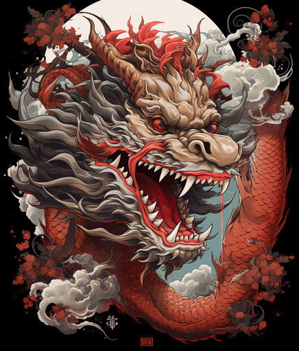 Dragon tattoo art in dark beige and red style
