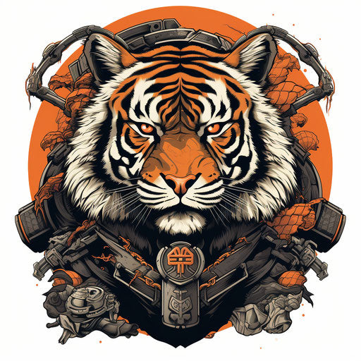 Samurai tiger on stylised samurai armor, linear illustration