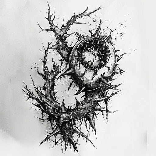 Gothic flat tattoo sketch of a jagua fruit in a dark, twisted thorn bush