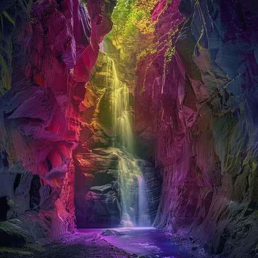 Ruby Falls surrounded by lush greenery and vibrant colors