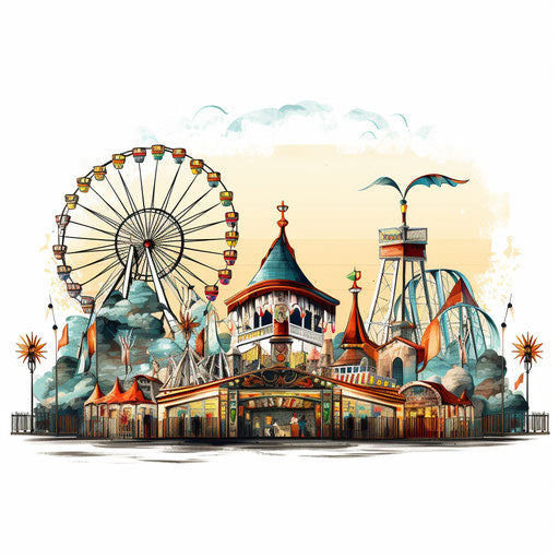 Amusement park in Chiaroscuro Art style, on white background