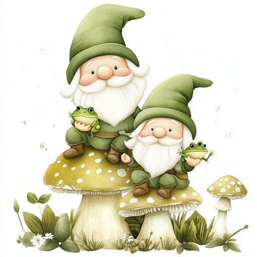 Cute green gnomes with frogs on mushrooms