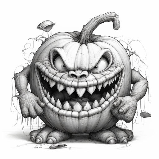 Grinning ugly pumpkin in Joe Madureira style, captivating black and white drawings