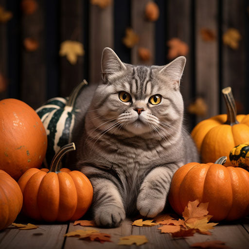 American shorthair cat resting with pumpkins