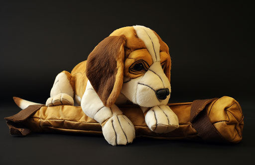 Beagle puppy chewing on a bone toy, slumped style, light yellow dark brown, frayed leather