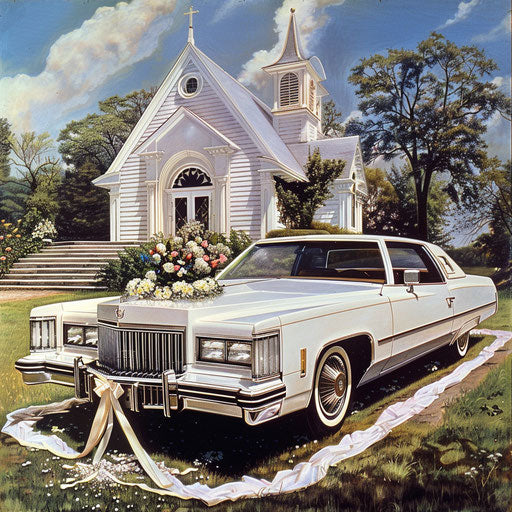 Elegant Cadillac in front of picturesque chapel