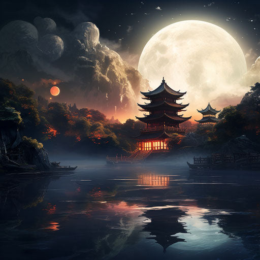 Chinese temple on water, nightcore style, zen buddhism influence