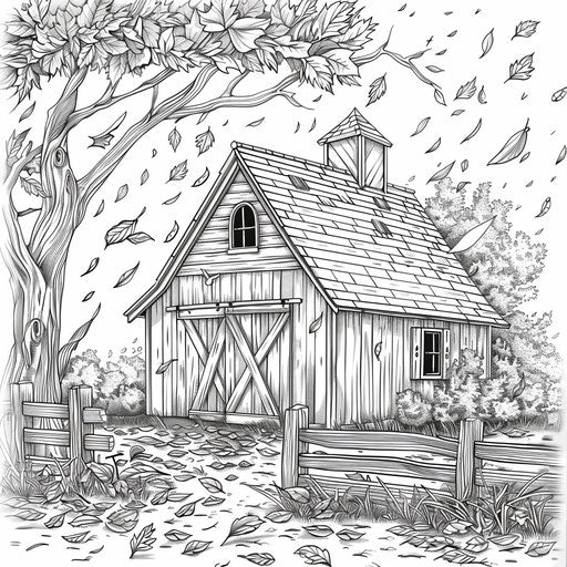 Autumn barn with falling leaves