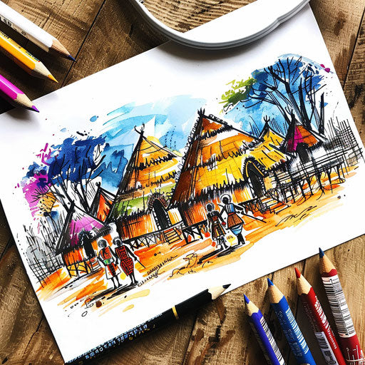 Colorful tattoo sketch of traditional African village on white paper