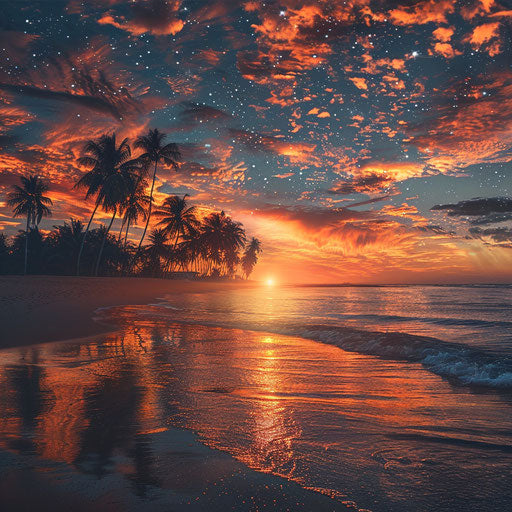 Sandy beach with palm trees against a fiery sunset