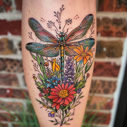 Wildflower tattoo with dragonfly, vibrant colors, detailed wings, nature theme