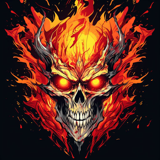Fire and flame skull with horns, rough-edged 2D animation style, yellow and crimson