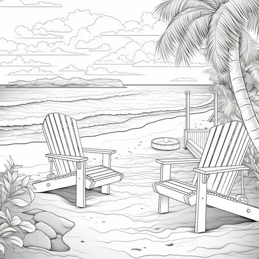 Summer beach coloring pages, in the style of captivating light