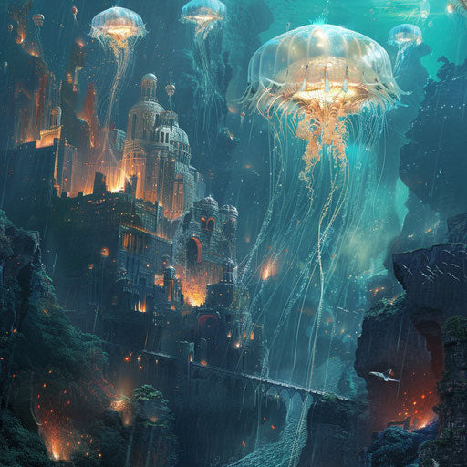 The mythical underwater kingdom guarded by giant glowing jellyfish