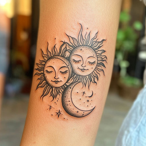 Mother daughter tattoos with sun and moon design