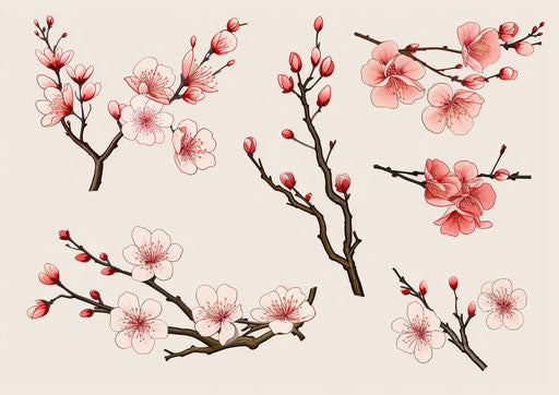 Various drawings of cherry blossoms with pink flowers and leaves, Chinese cultural style