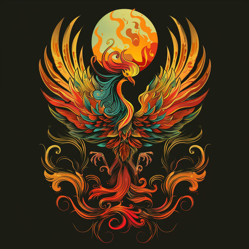 Phoenix emerging from flames, beautiful flat tattoo sketch