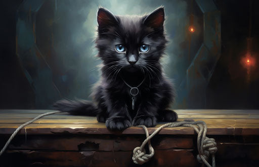 Black kitten sitting on a rope on a table, tesseract style