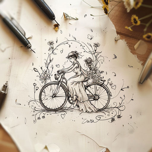 Whimsical flat tattoo sketch of a bride and groom riding a vintage bicycle