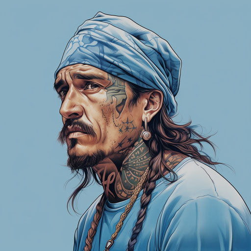 Sassy man with tattooed headband, in cartoon realism style, light bronze and light blue, chicano inspired