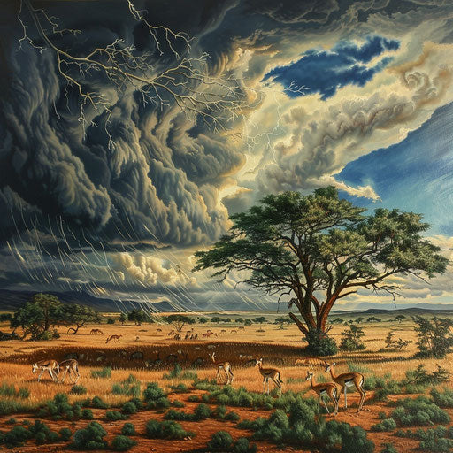 Thunderstorm in the savannah, gazelles under acacias