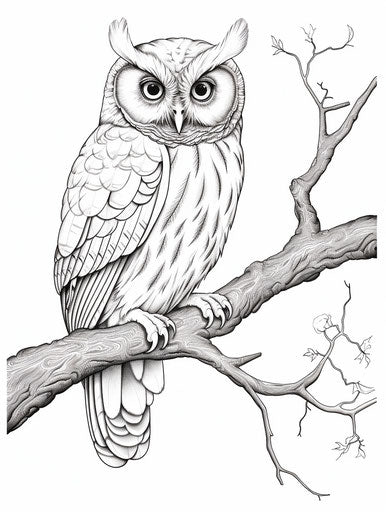 Coloring page of an owl perched on a branch