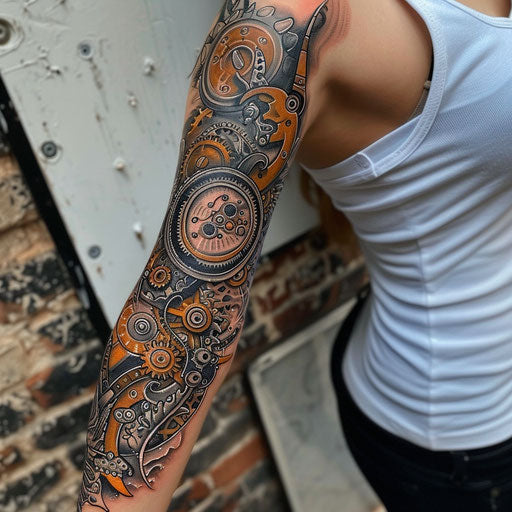 Arm tattoos for women with intricate mechanical gears