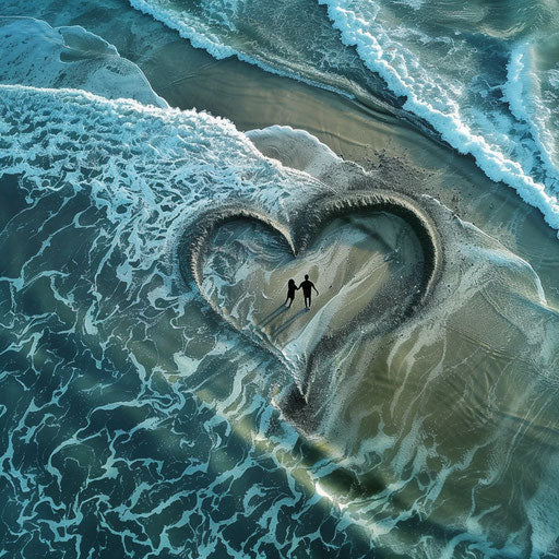 Couple's Silhouette in Heart on Sandy Beach with Approaching Waves