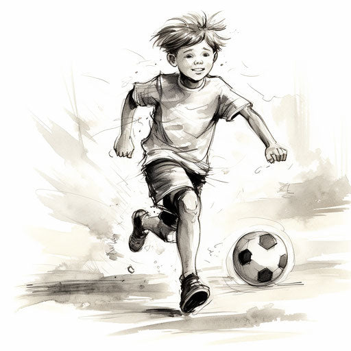 A boy chasing a soccer ball for a hobby stock illustration, in the style of monochromatic ink wash