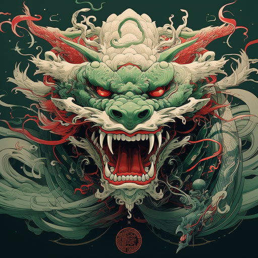 The Chinese dragon head with a bright red, in the style of dark green and white