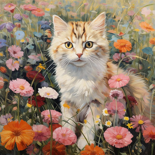 Manx cat in a field of flowers