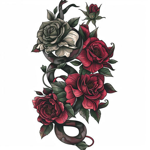 Floral flat tattoo sketch in clipart style, dark mark entwined with blooming roses in red and green