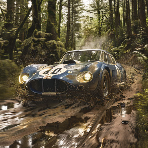 Rally Shelby Daytona racing through muddy forest
