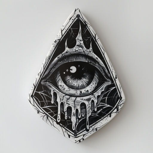 Sinister ouija board planchette, eerie tattoo design on clean canvas