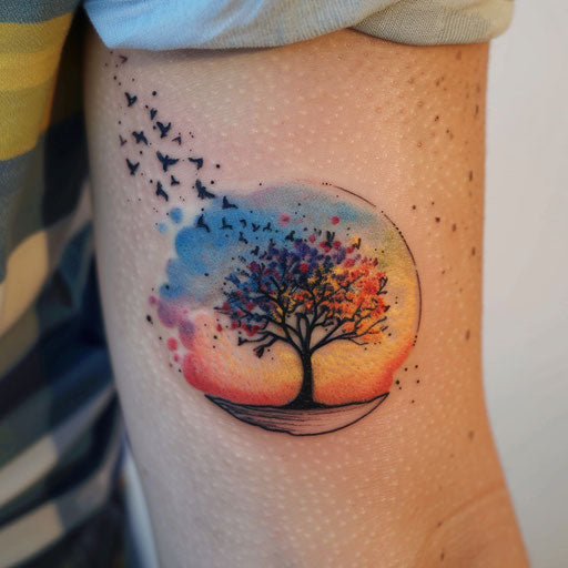 Sunset tattoo with lone tree and falling leaves