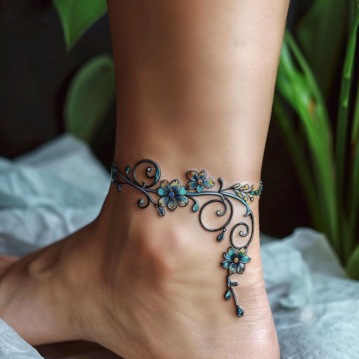 Stylized tattoo sketch of an ankle bracelet with Art Nouveau floral motifs