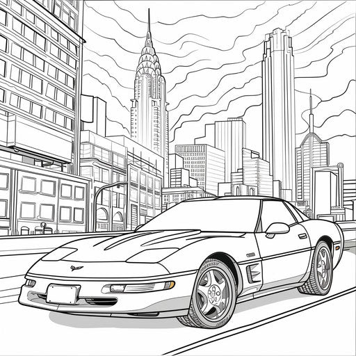 A Corvette driving through a cityscape with tall buildings in the background. Coloring book page