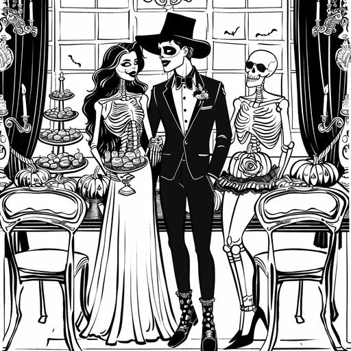 Stylish Halloween party with chic costumes in the style of Megan Hess Coloring book page