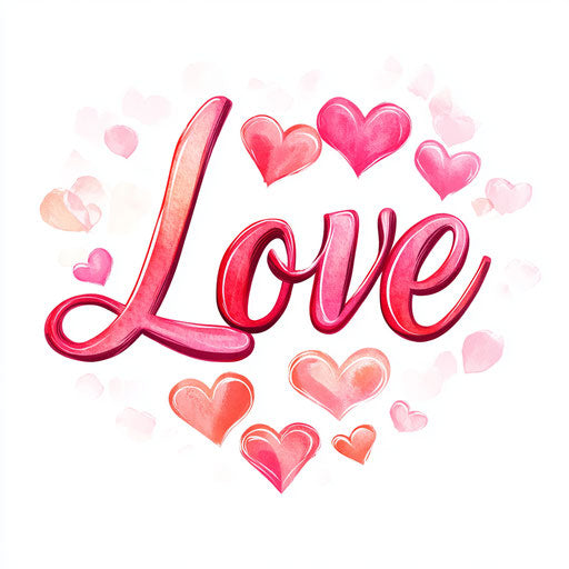 Love in cursive, pink and red with hearts on white background