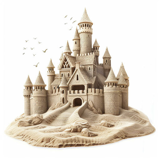 Realistic sandcastle on flat white background
