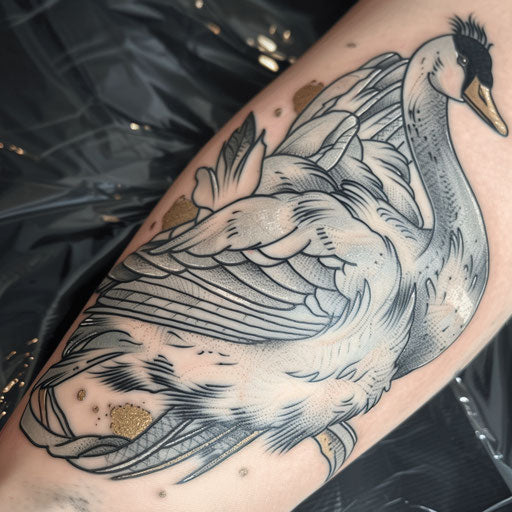 Swan with white and gray feathers and a touch of gold
